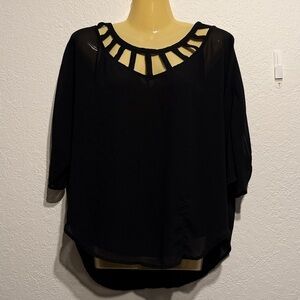 Maurices Black Sheer Cutout Neckline Blouse Size Medium M Flowy 3/4 Sleeve Top
